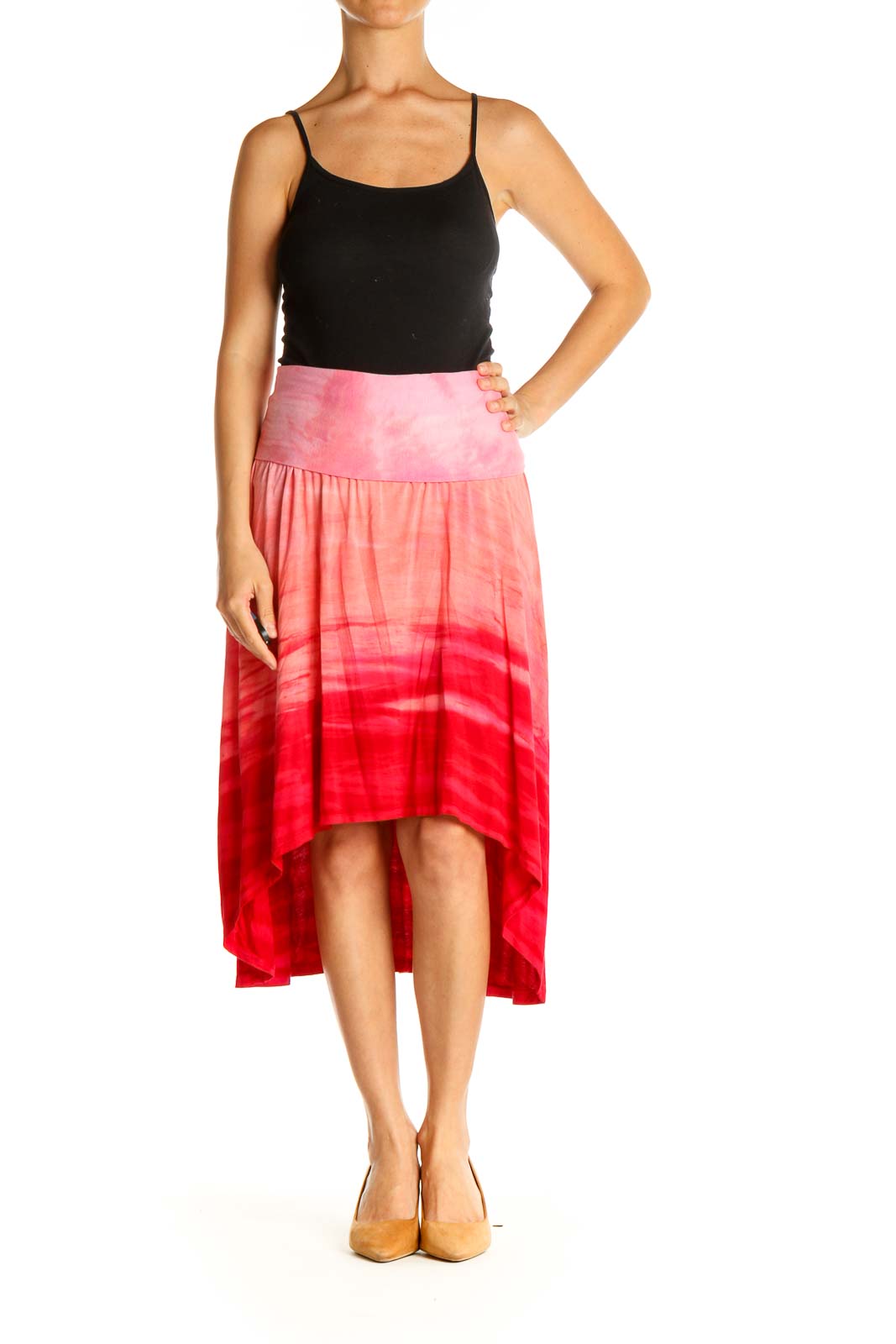 Pink Printed Casual Flared Skirt