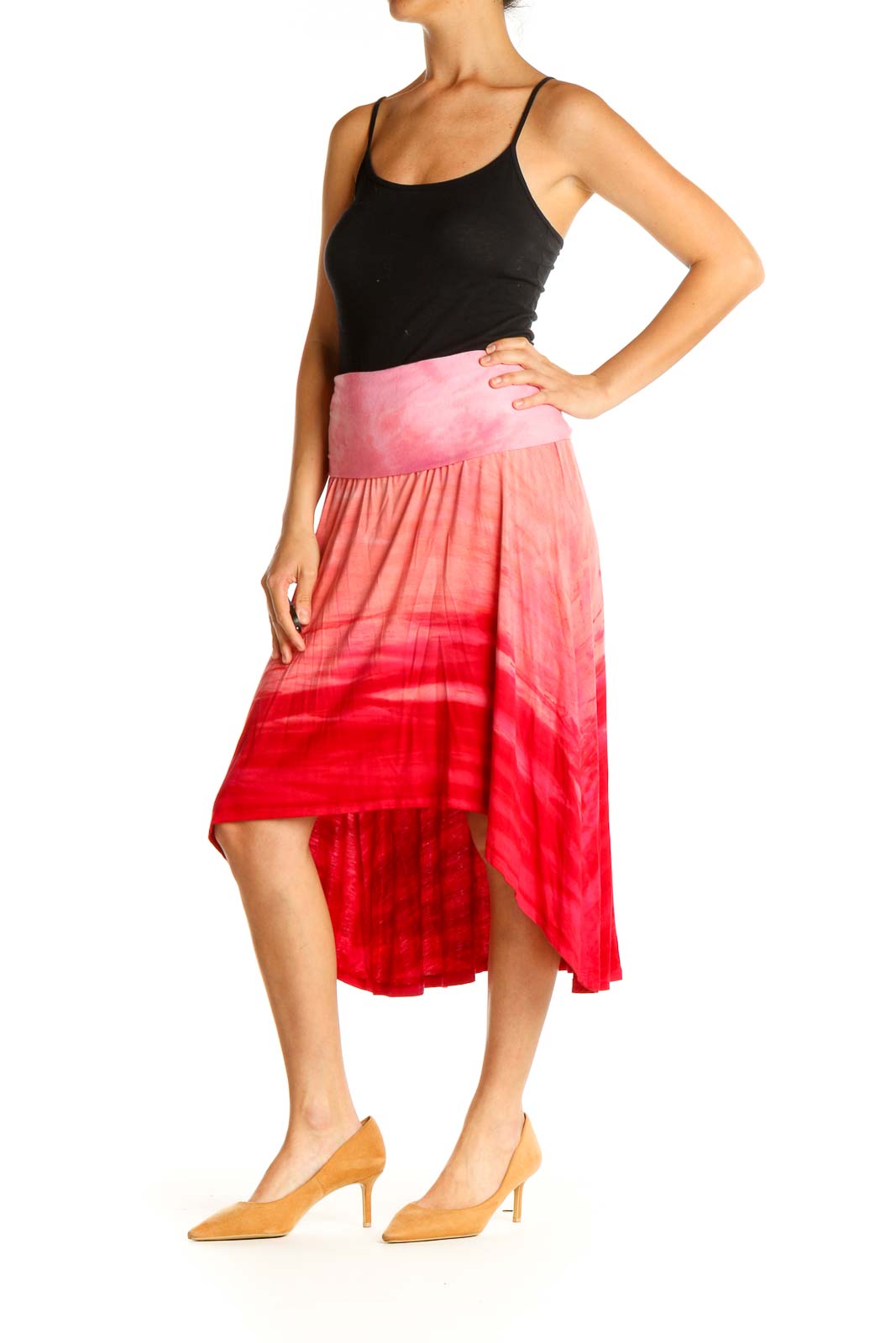 Pink Printed Casual Flared Skirt