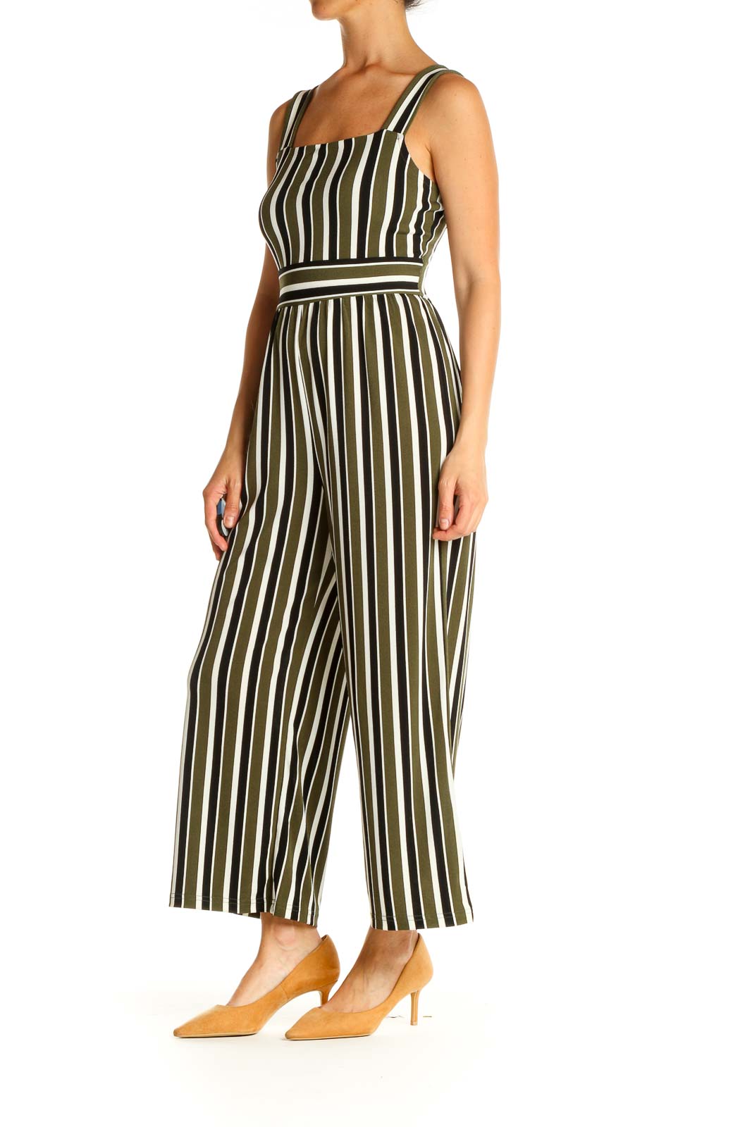 Green and White Striped Casual Jumpsuit