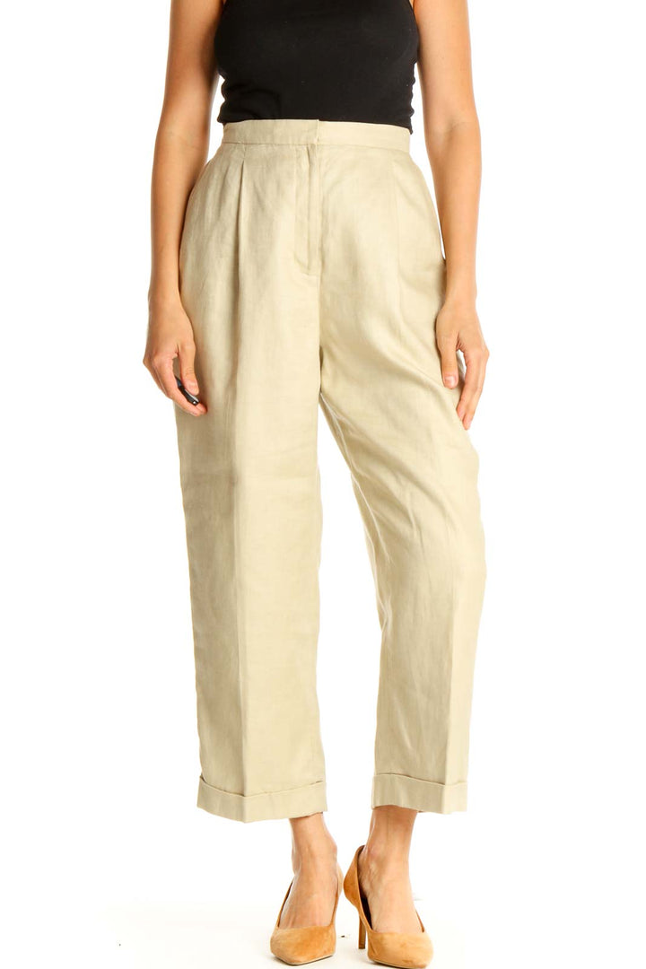 Beige Solid Casual Trousers