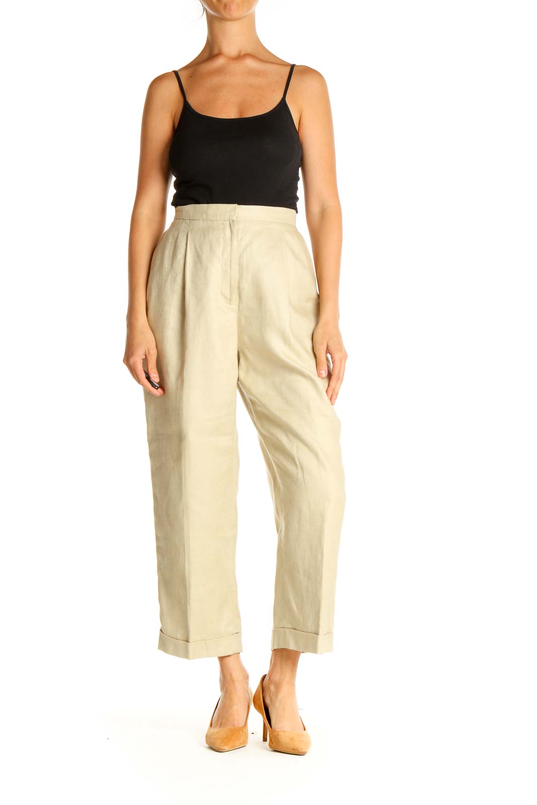 Beige Solid Casual Trousers