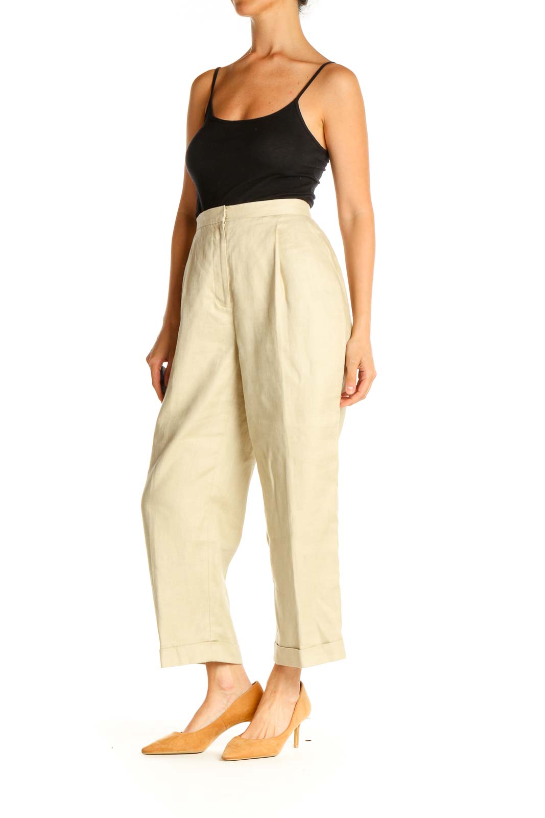 Beige Solid Casual Trousers