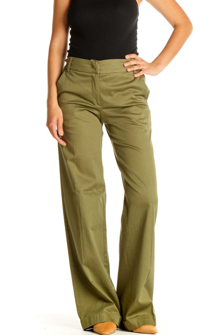 Green Solid Casual Pants