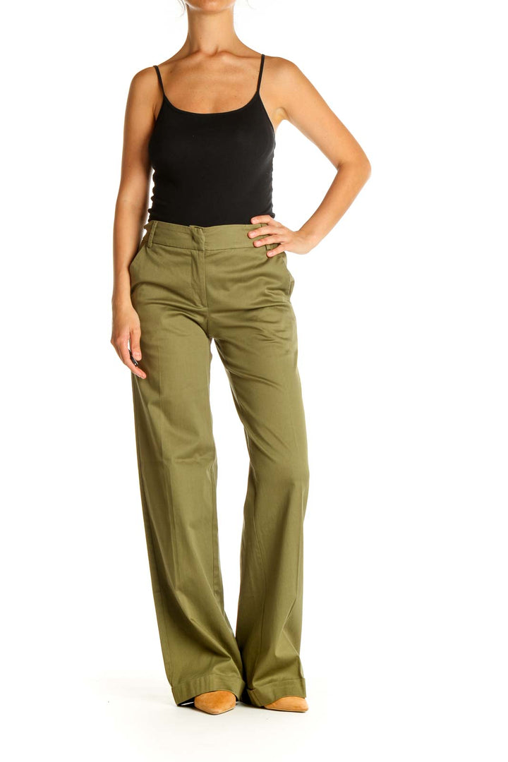 Green Solid Casual Pants