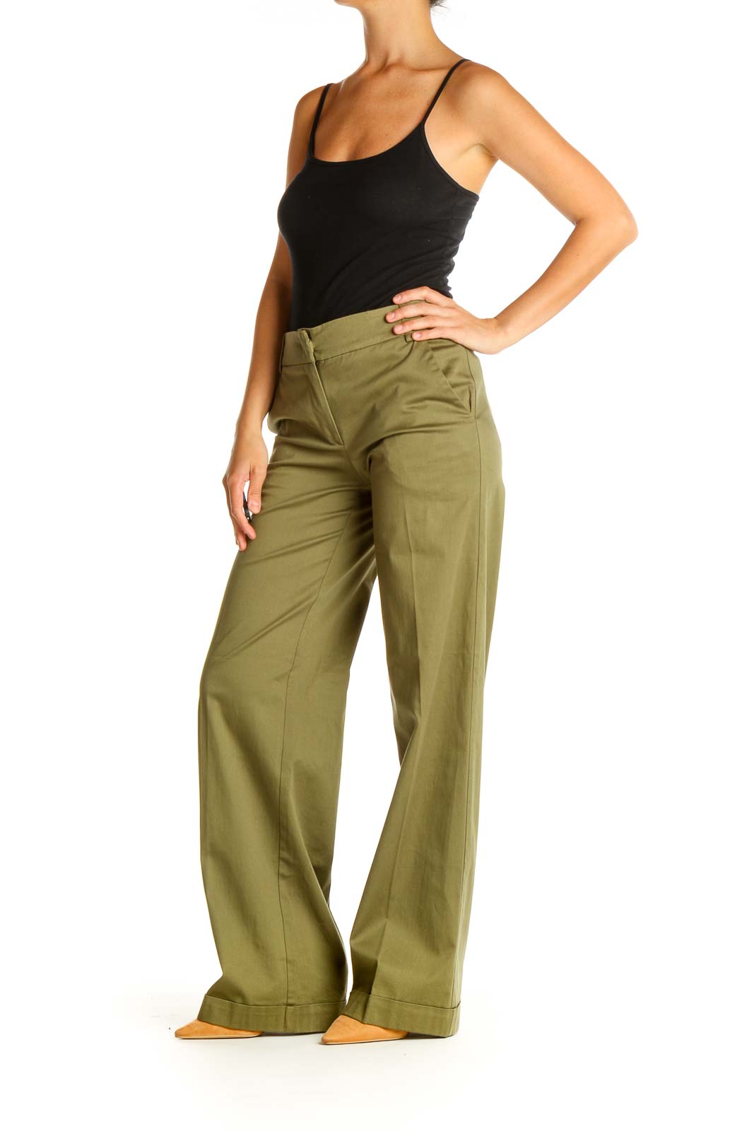 Green Solid Casual Pants