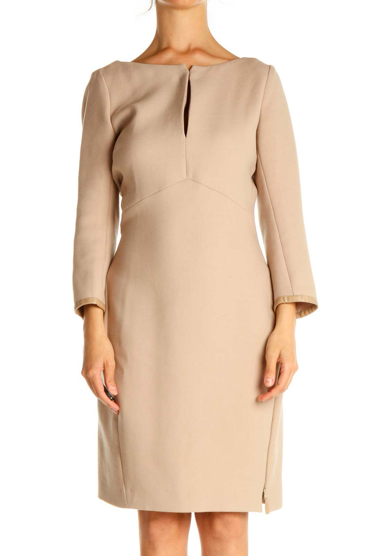 Beige Solid Work Sheath Dress