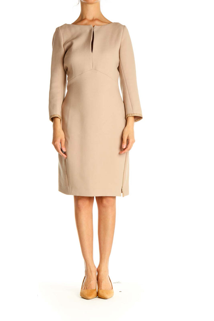 Beige Solid Work Sheath Dress