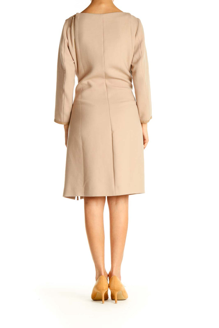 Beige Solid Work Sheath Dress