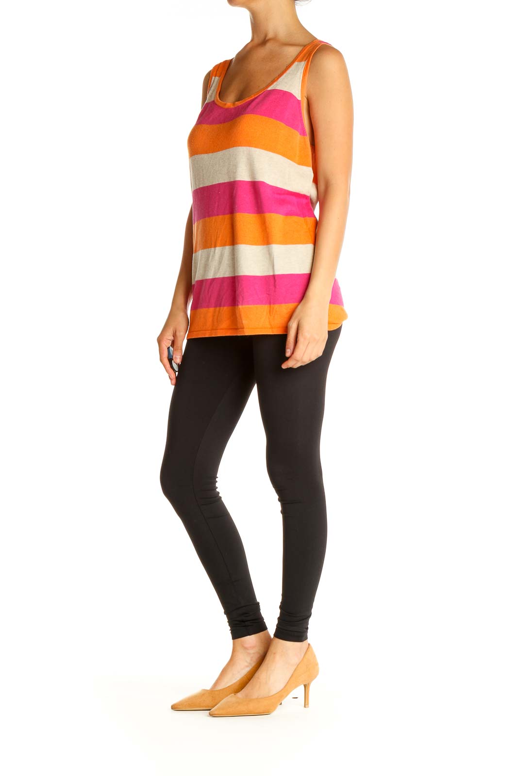 Orange Striped Casual Tank Top