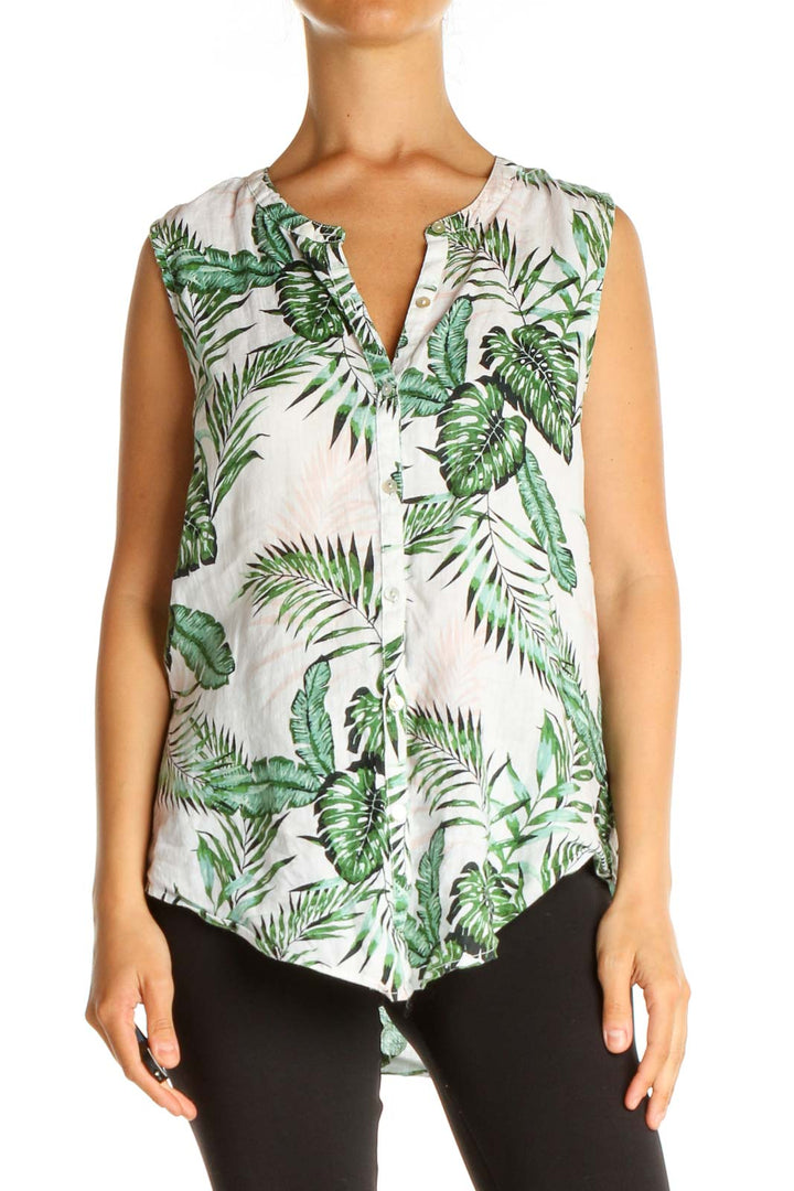 White Tropical Print Casual Blouse