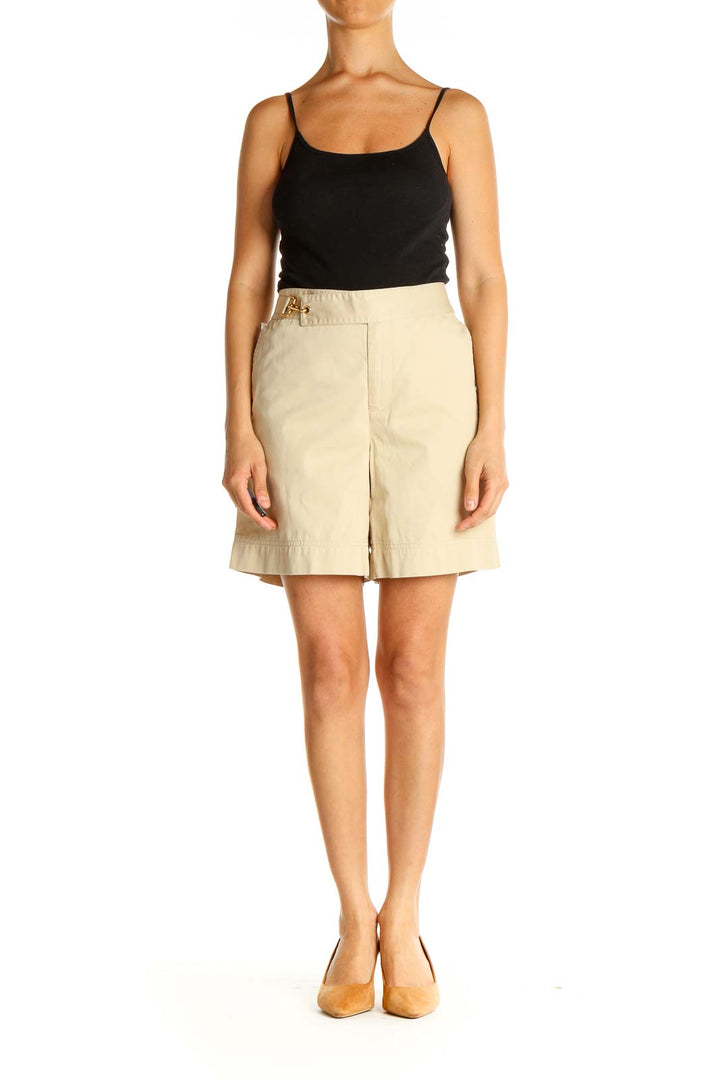 Beige Solid Casual Shorts