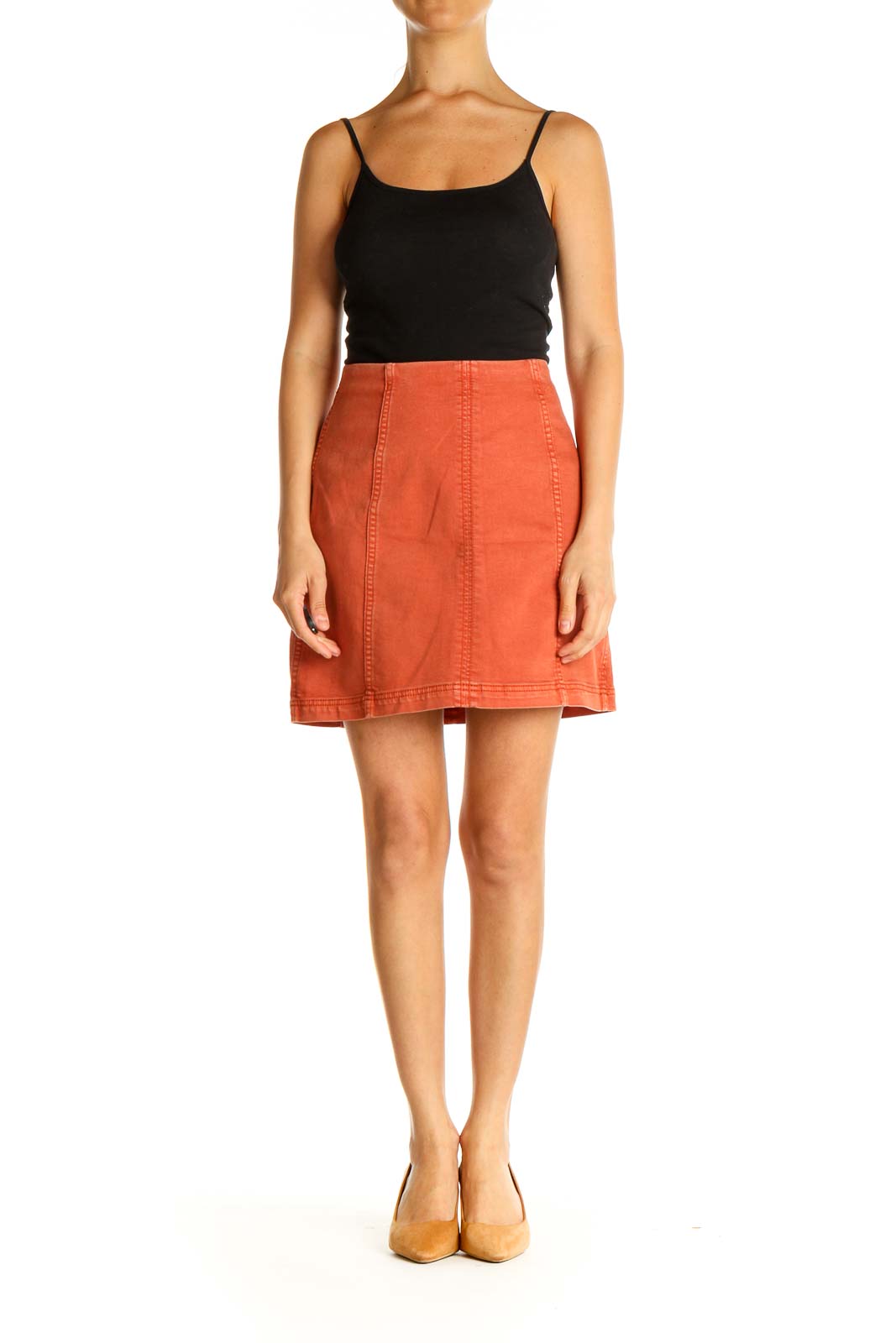 Front view of orange Free People A-line mini skirt on model