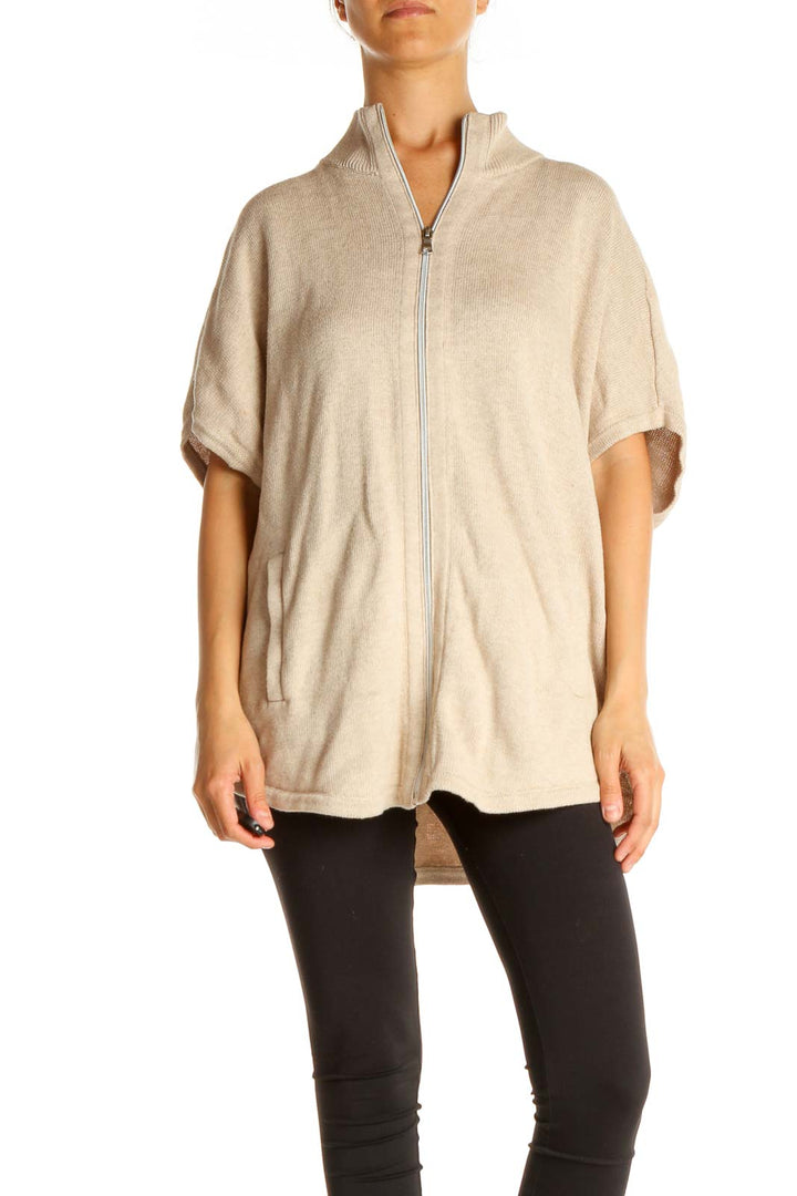 Beige Zip Up Woven Top