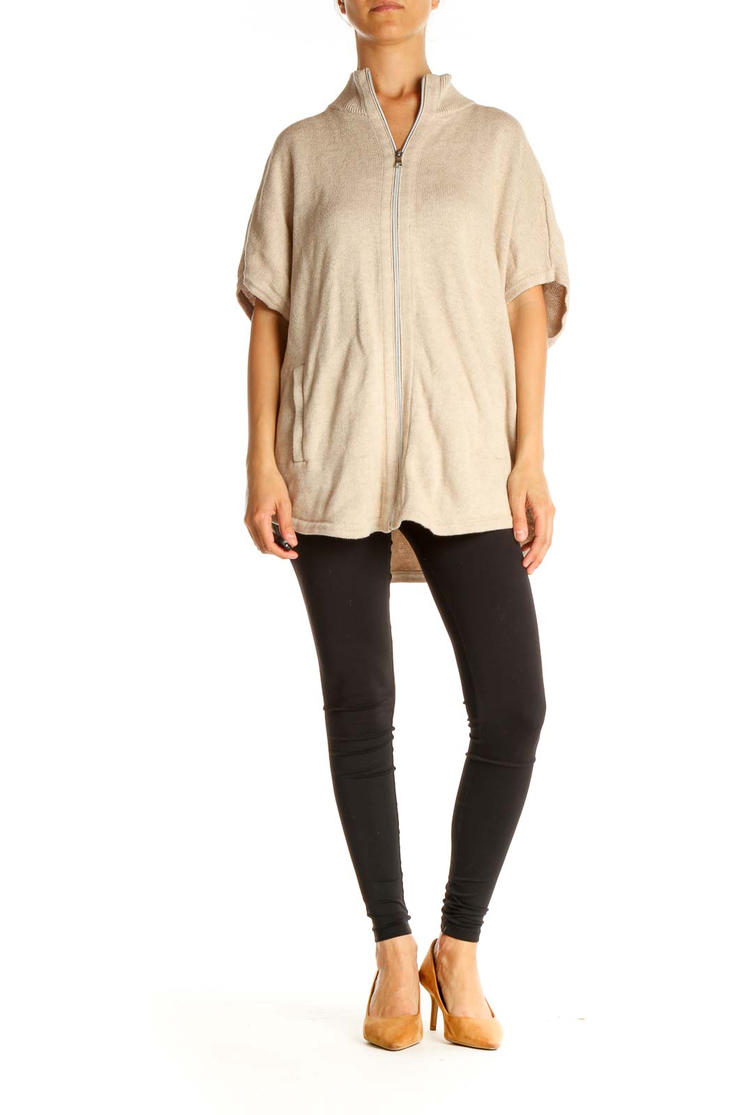 Beige Zip Up Woven Top