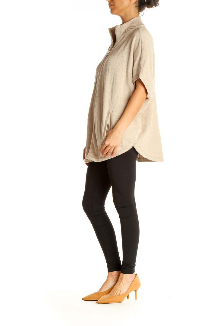 Beige Zip Up Woven Top