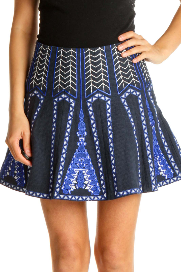 Blue Textured Retro A-Line Skirt