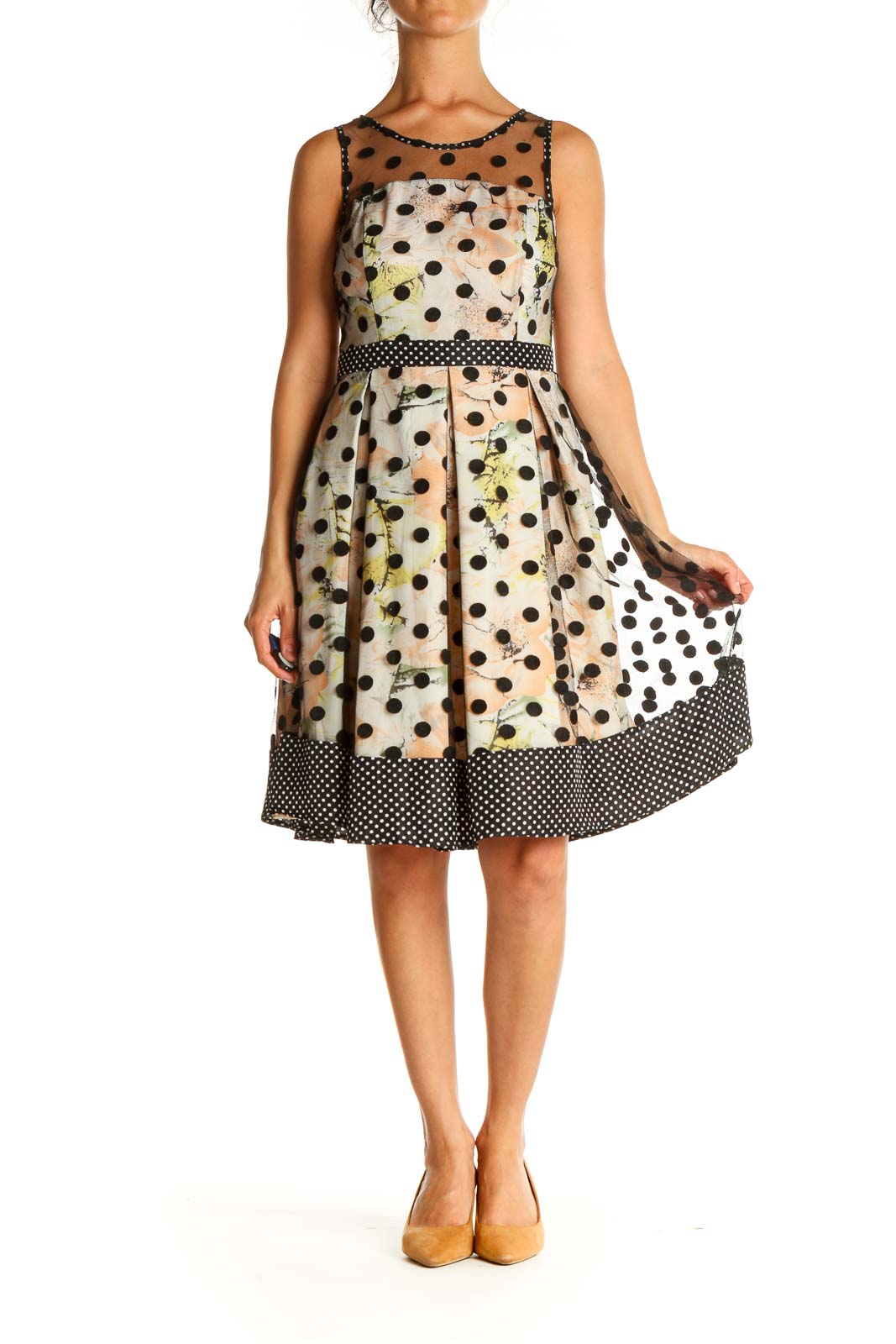 Beige Polka Dot Day Fit & Flare Dress