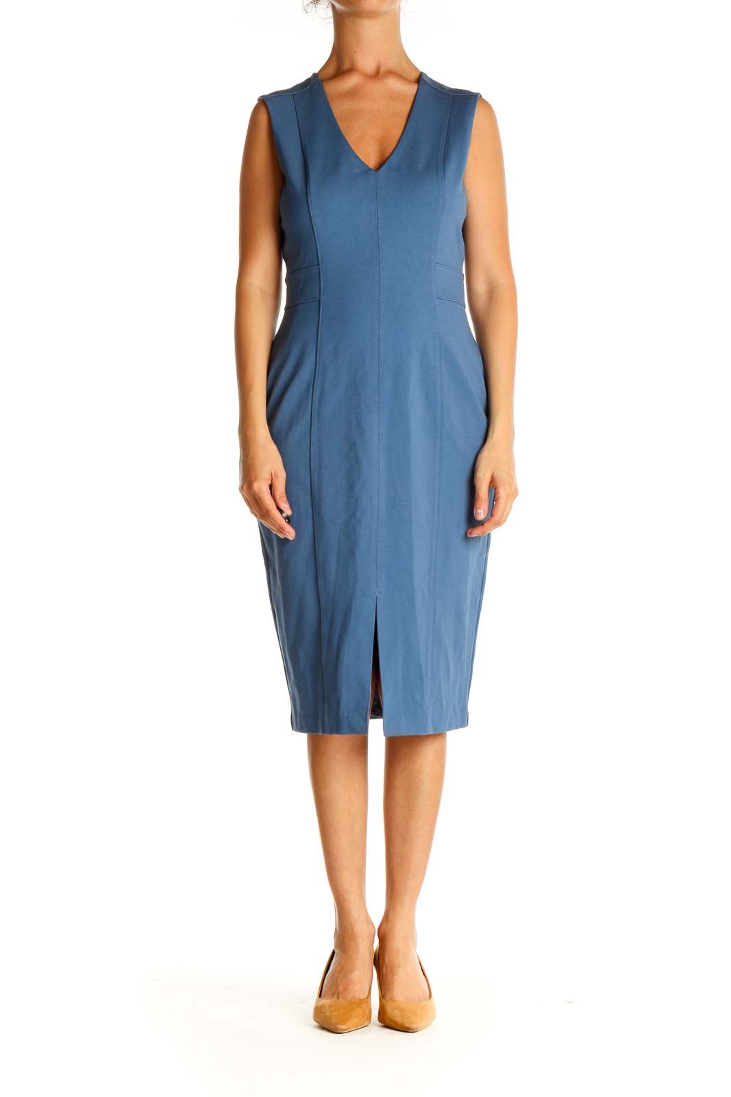 Blue Solid Work Sheath Dress