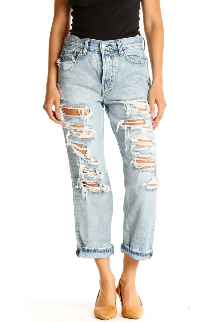 Blue Distressed Straight Leg Jeans