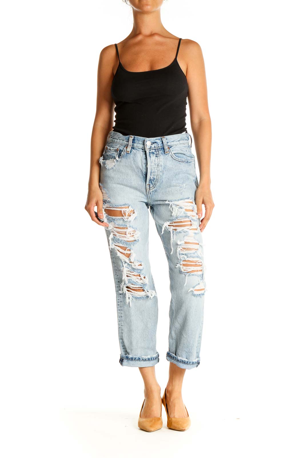 Blue Distressed Straight Leg Jeans