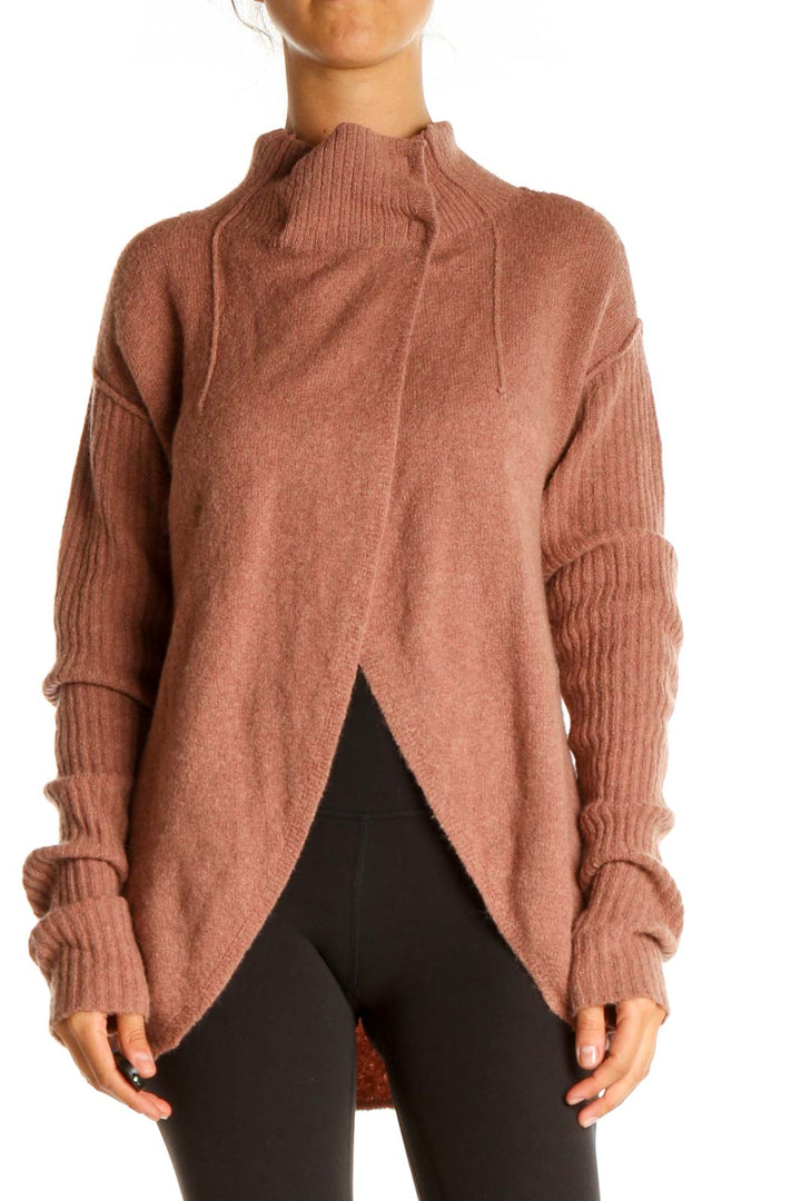 Front view of Free People terracotta ribbed mock neck sweater with split-front design