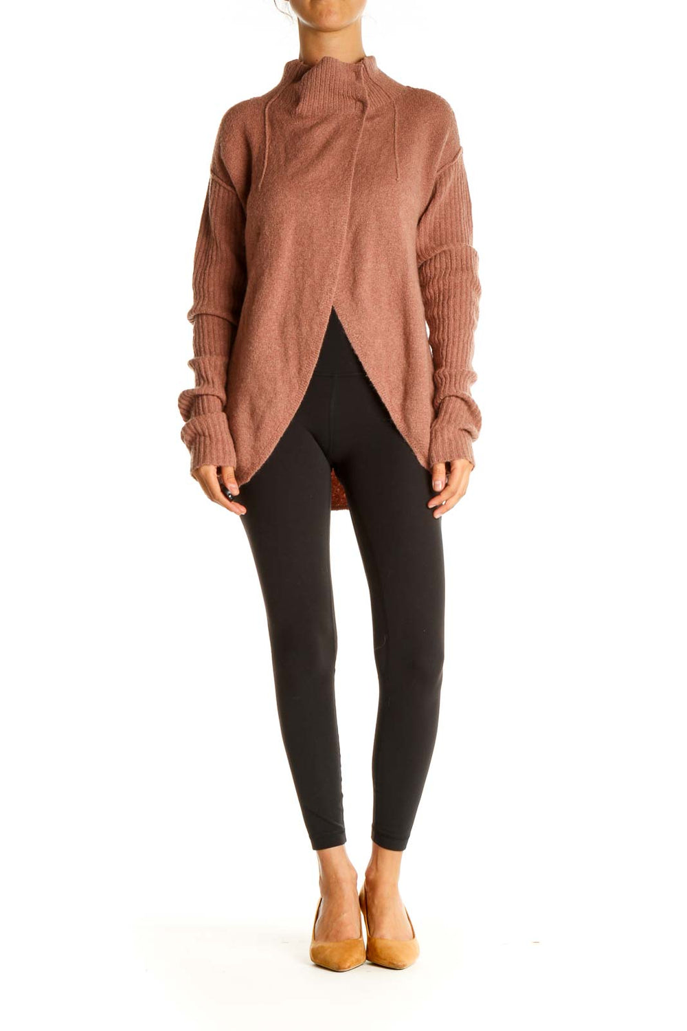 Front view of Free People terracotta ribbed mock neck sweater with split-front design