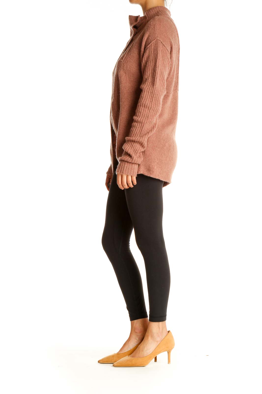 Front view of Free People terracotta ribbed mock neck sweater with split-front design