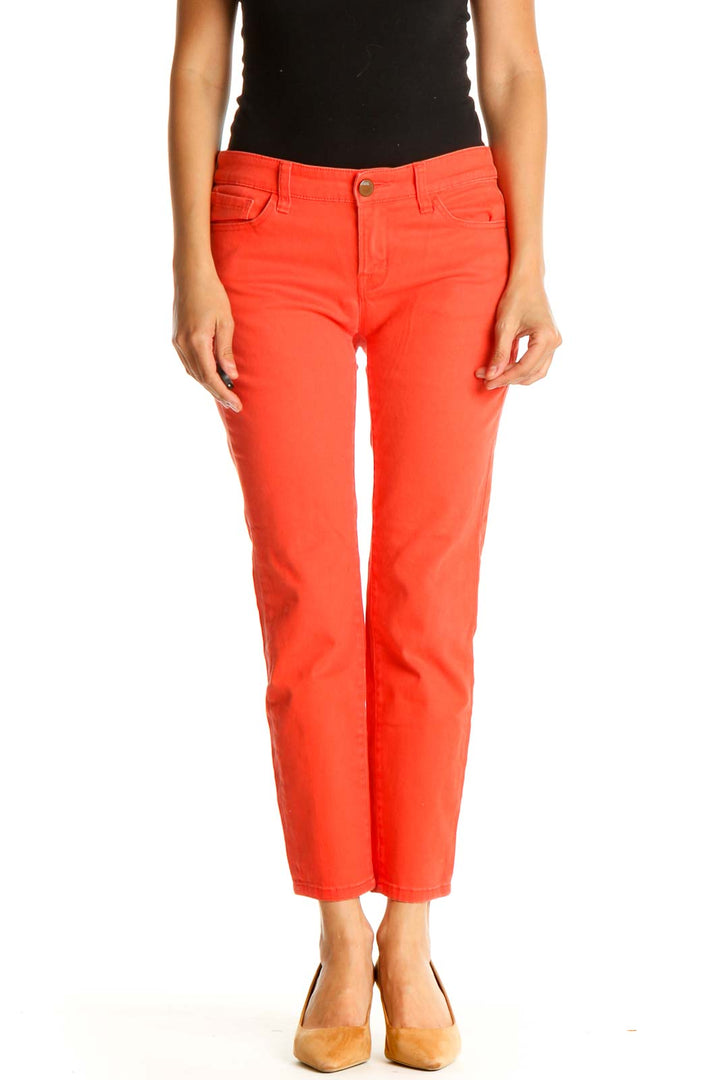 Red Solid Casual Capri Pants