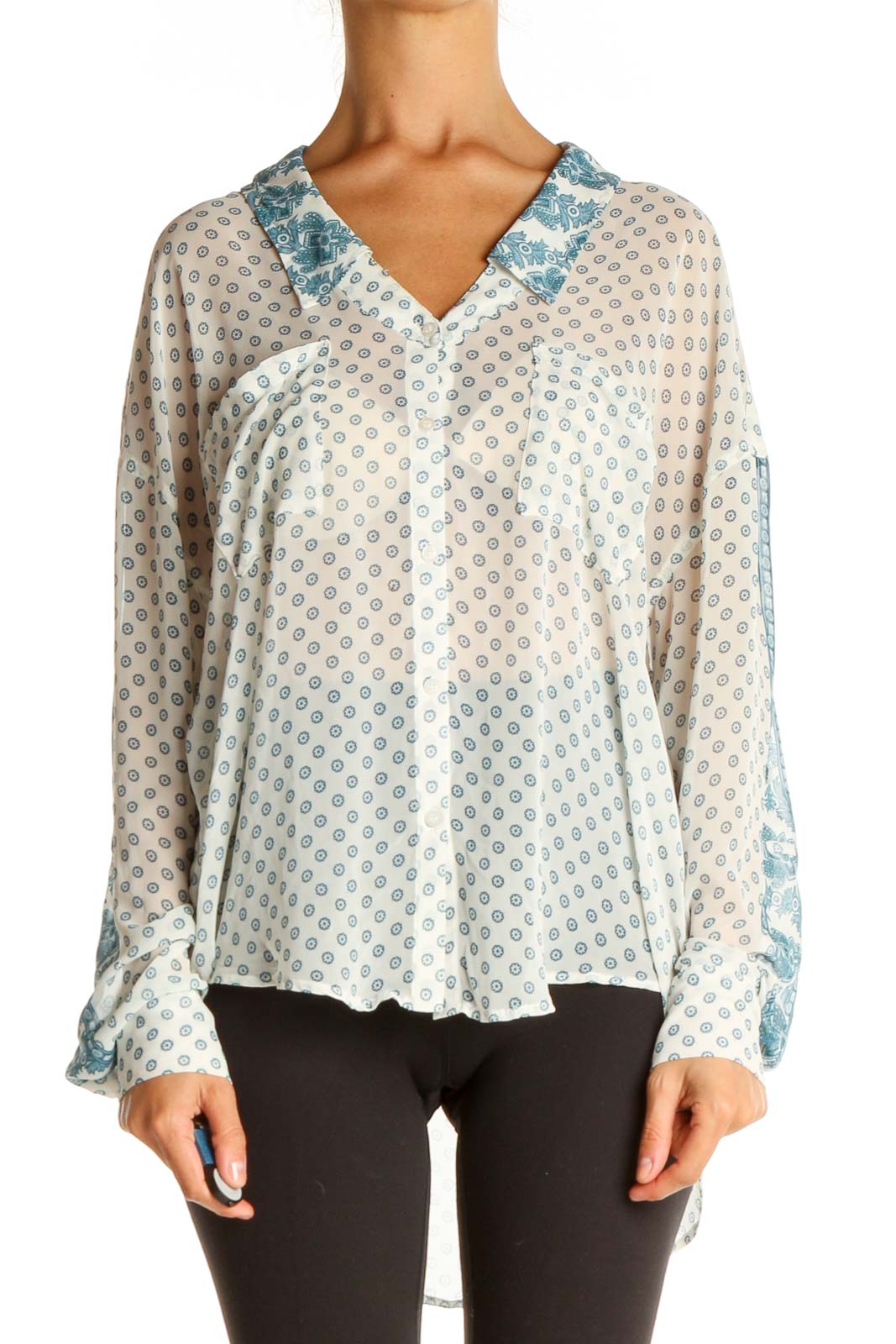 Front view of Free People white button-up blouse with blue polka dots