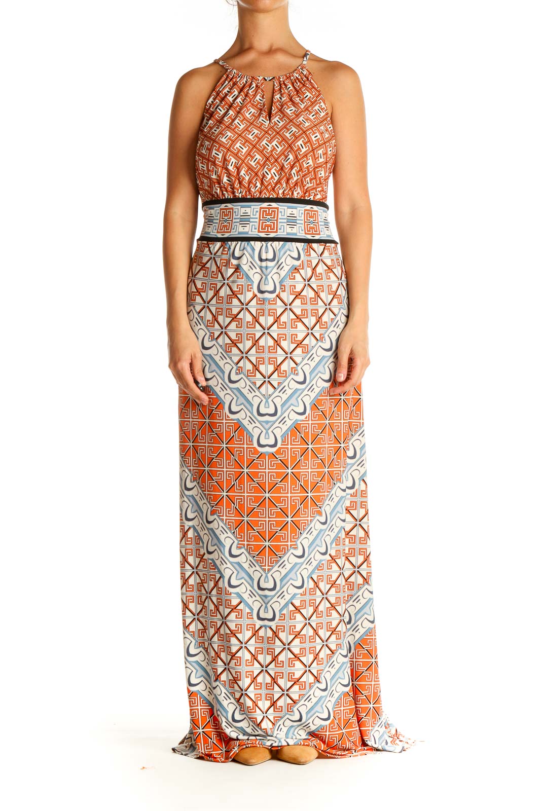 Orange Geometric Print Retro Column Dress