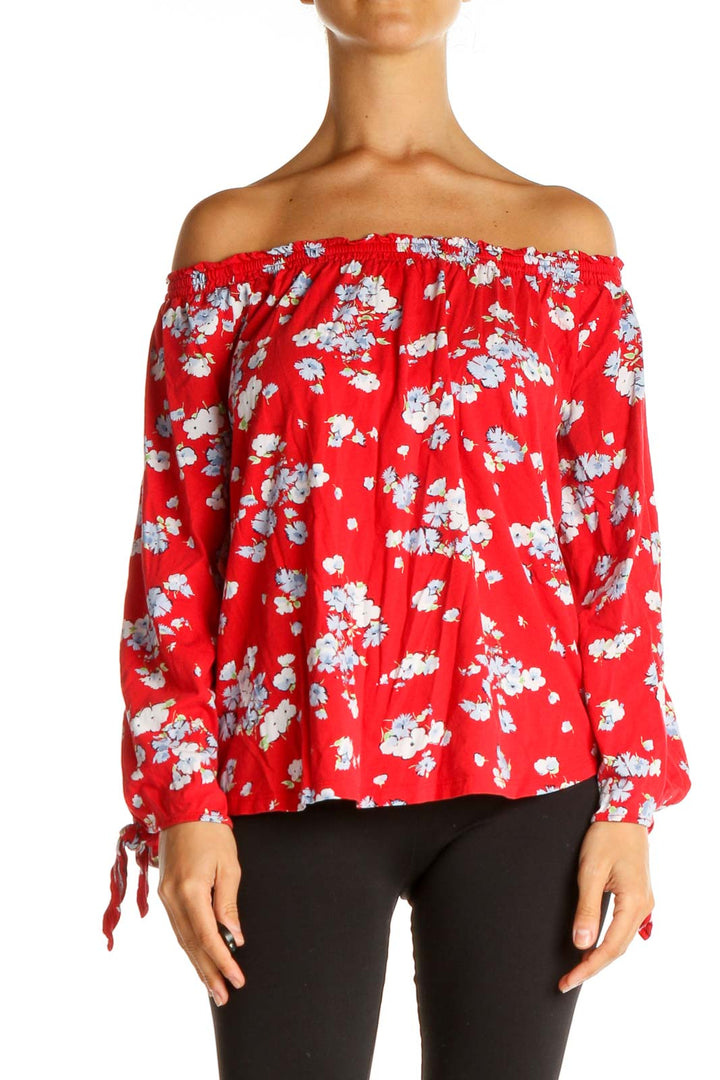 Red Floral Print Holiday Blouse