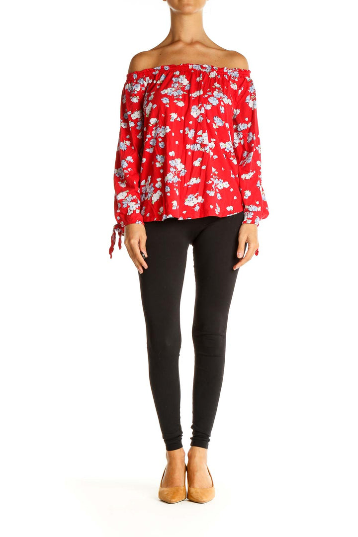 Red Floral Print Holiday Blouse