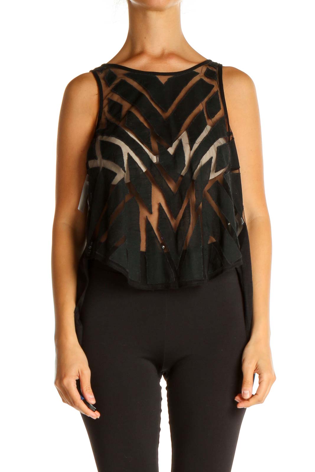 Front view of Free People black sheer tank top with geometric pattern