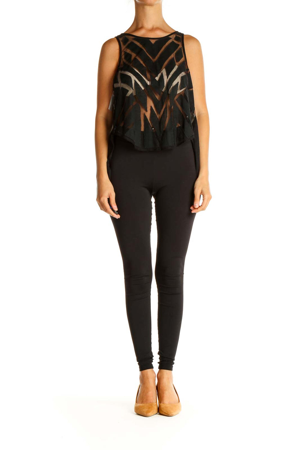 Front view of Free People black sheer tank top with geometric pattern