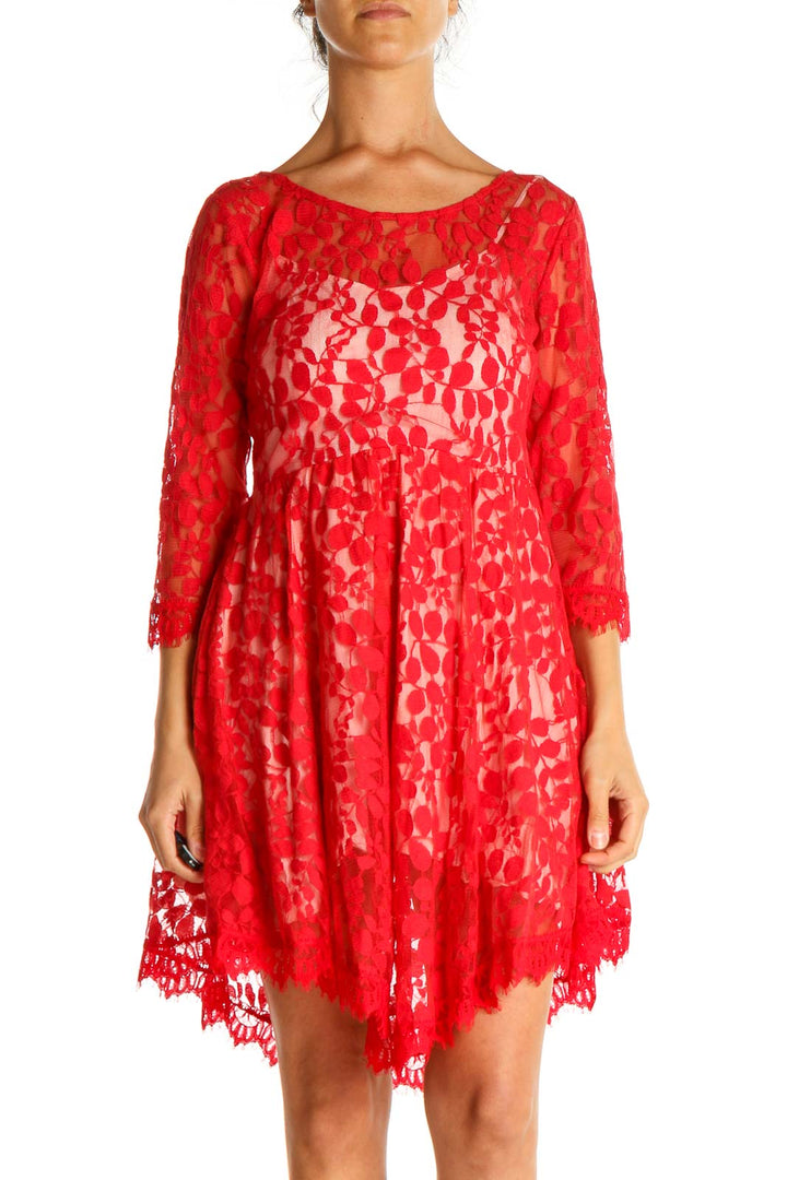 Front view of red lace overlay fit and flare dress from Free People