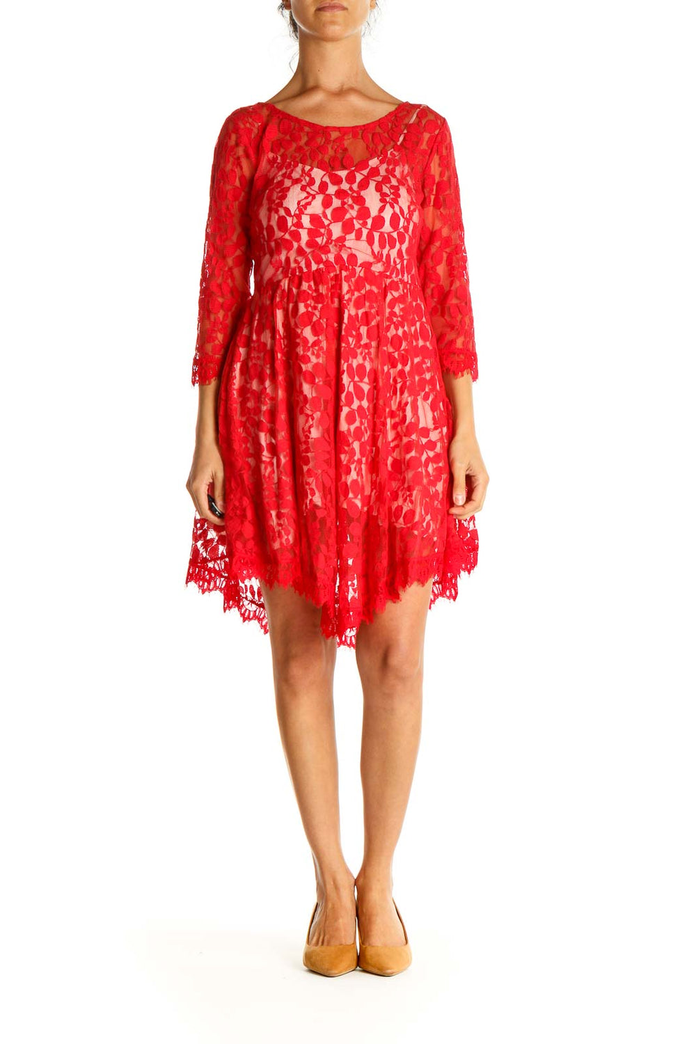 Front view of red lace overlay fit and flare dress from Free People