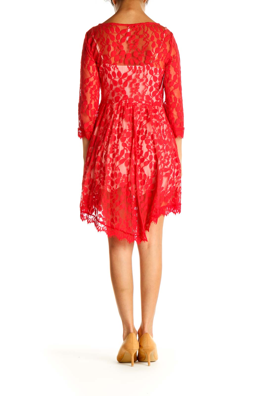 Back view of red lace overlay fit and flare dress from Free People