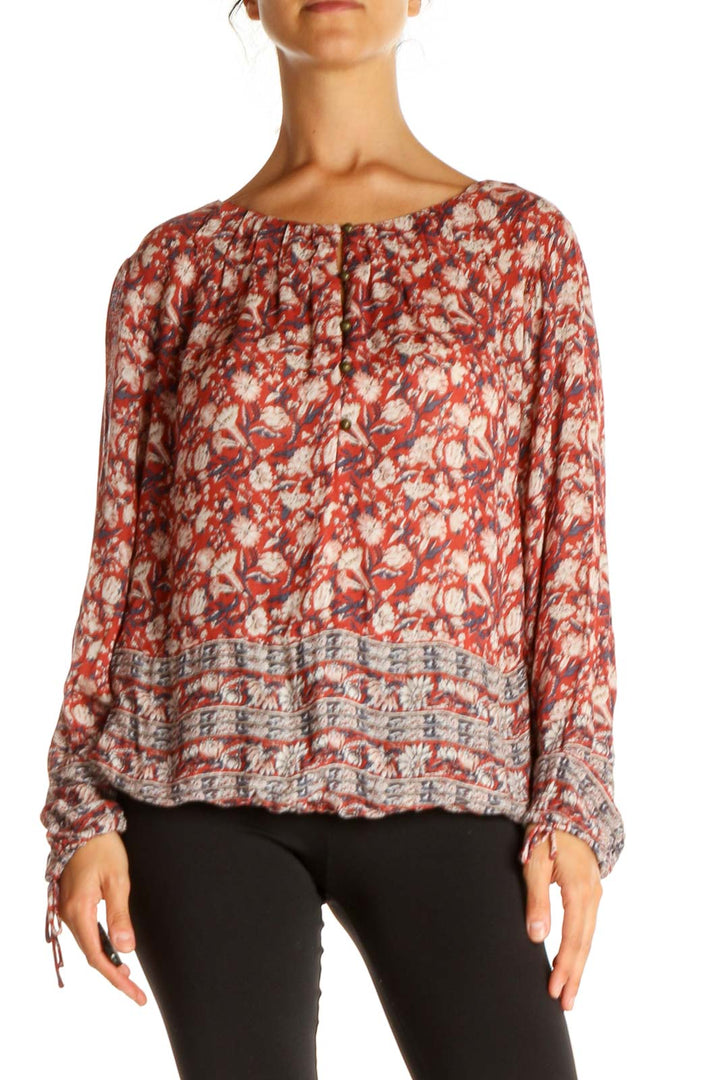 Red Floral Print Retro Blouse