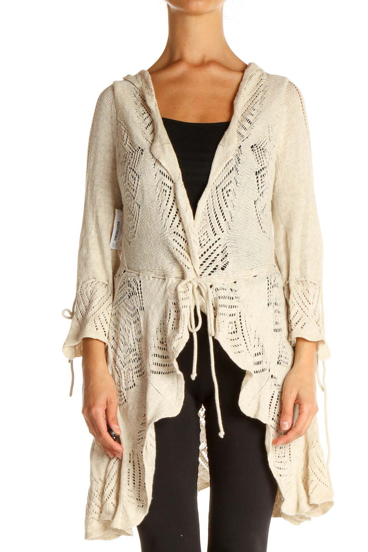 Long Beige Textured Cardigan