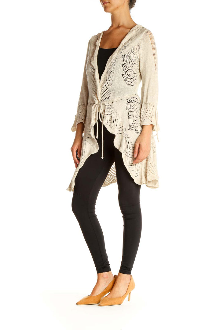 Long Beige Textured Cardigan