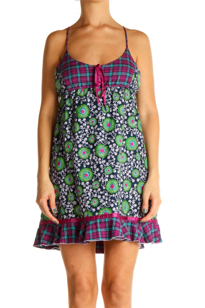 Front view of purple plaid and floral Free People sundress with tie-front detail