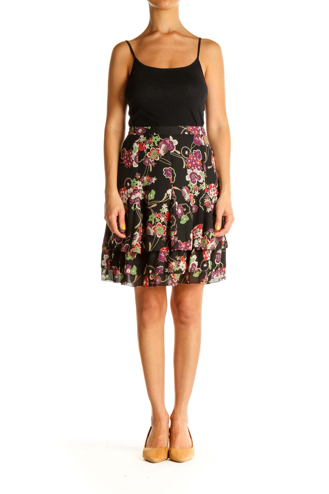 Black Floral Print Brunch A-Line Skirt