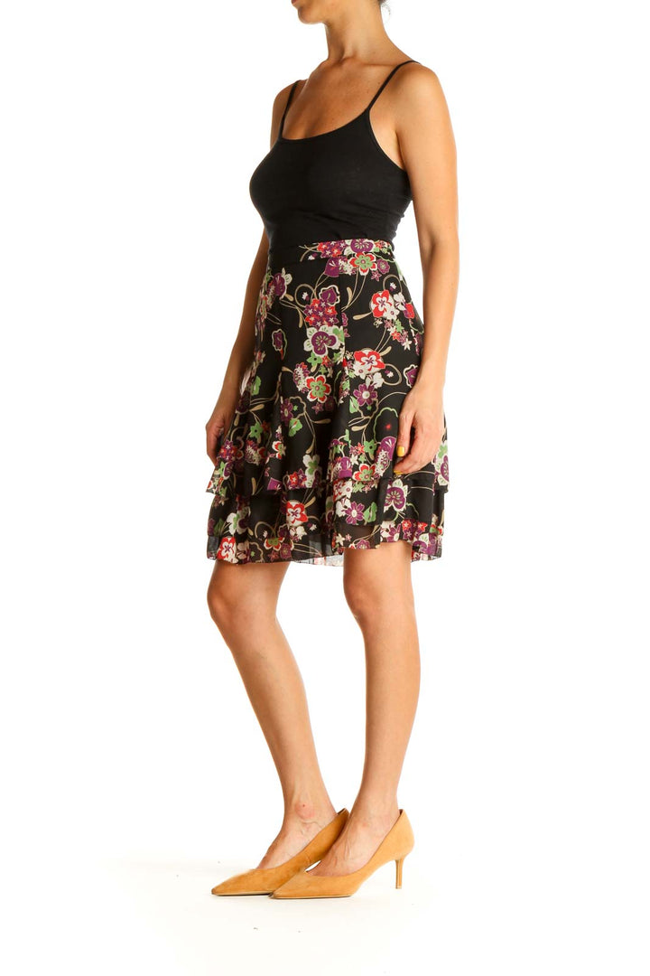 Black Floral Print Brunch A-Line Skirt