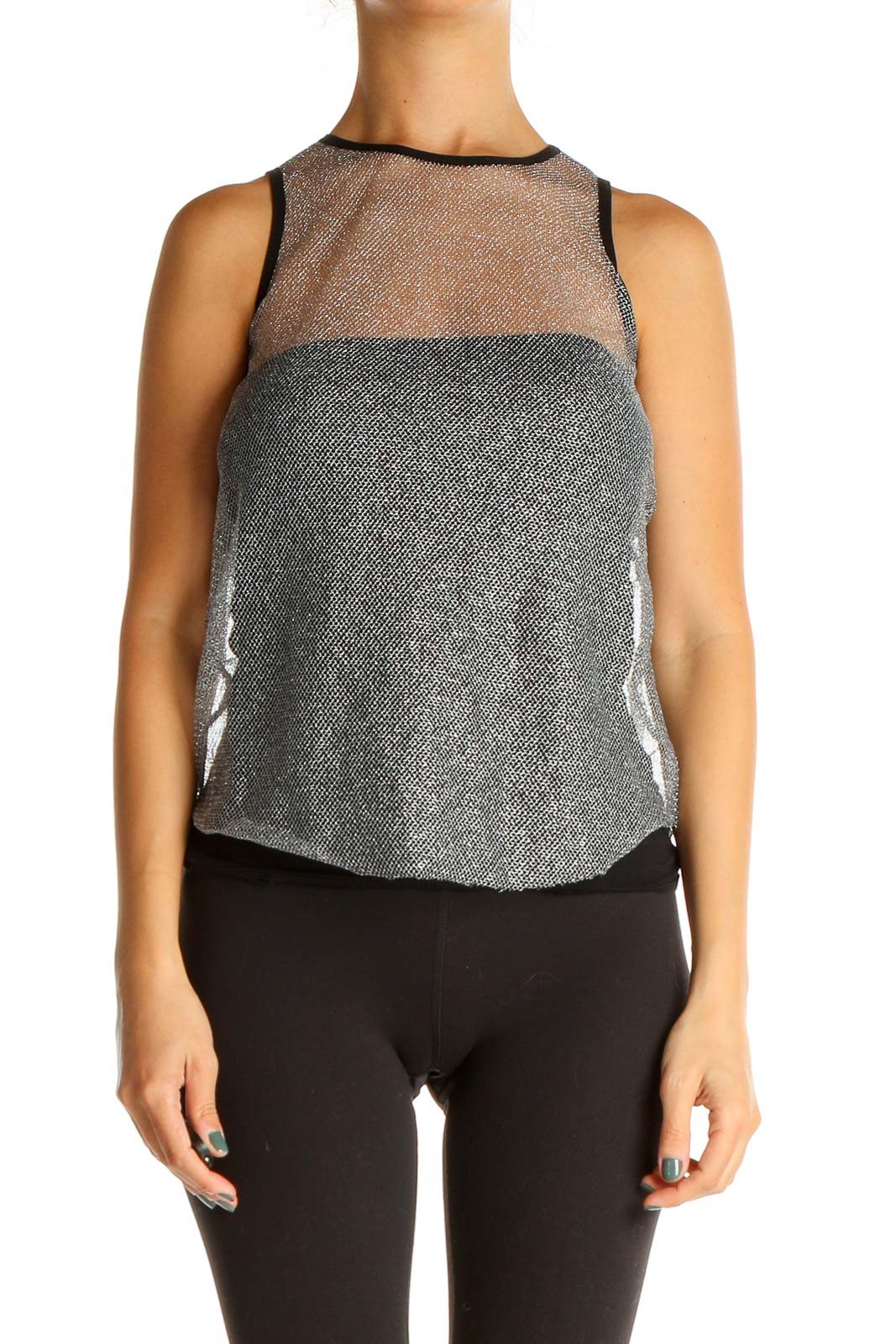 Front view of Free People silver sheer metallic sleeveless top with high neckline