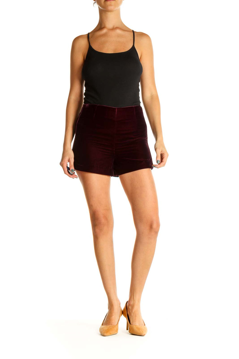 Front view of burgundy velvet high-waisted shorts from Free People