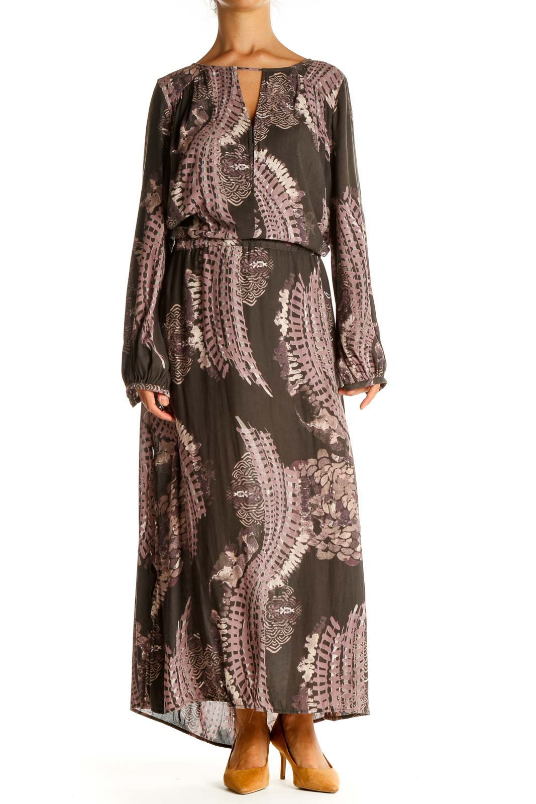 Front view of Free People brown paisley maxi dress with long sleeves and keyhole neckline