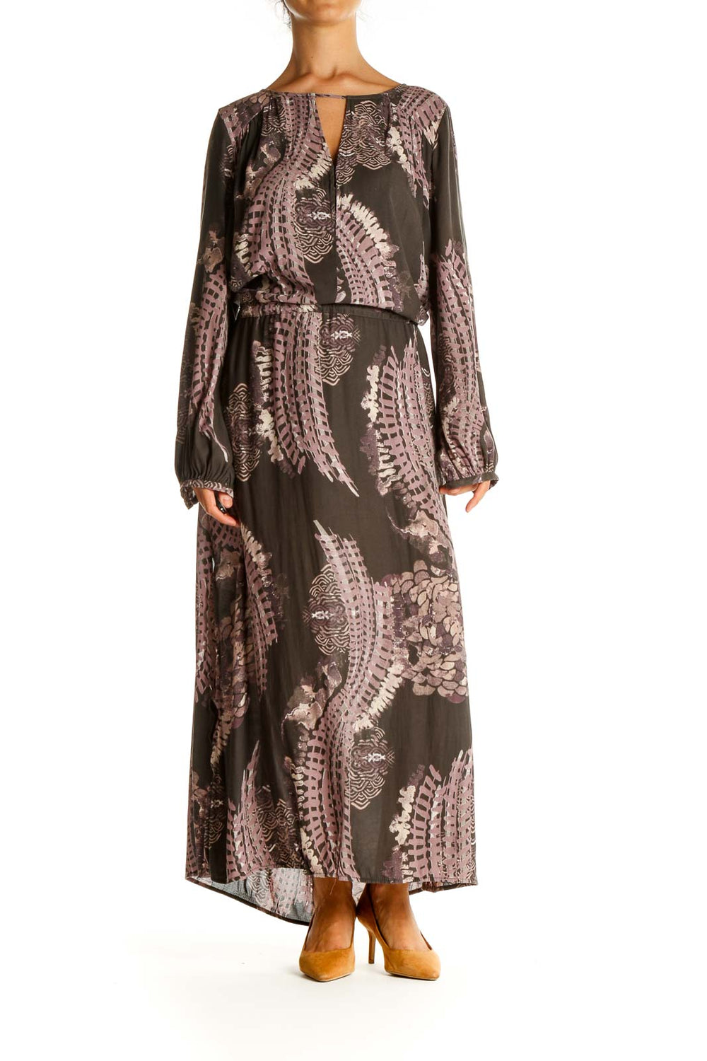 Front view of Free People brown paisley maxi dress with long sleeves and keyhole neckline