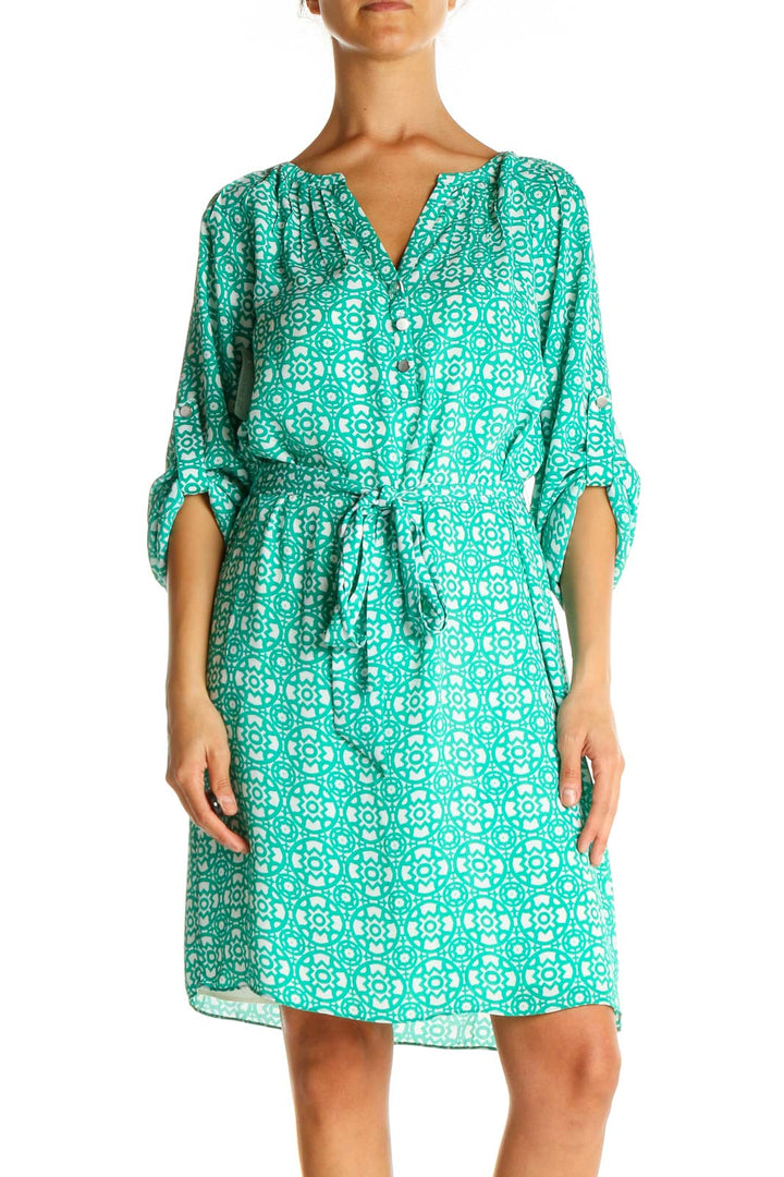 Green Blue Geometric Print Casual Fit & Flare Dress