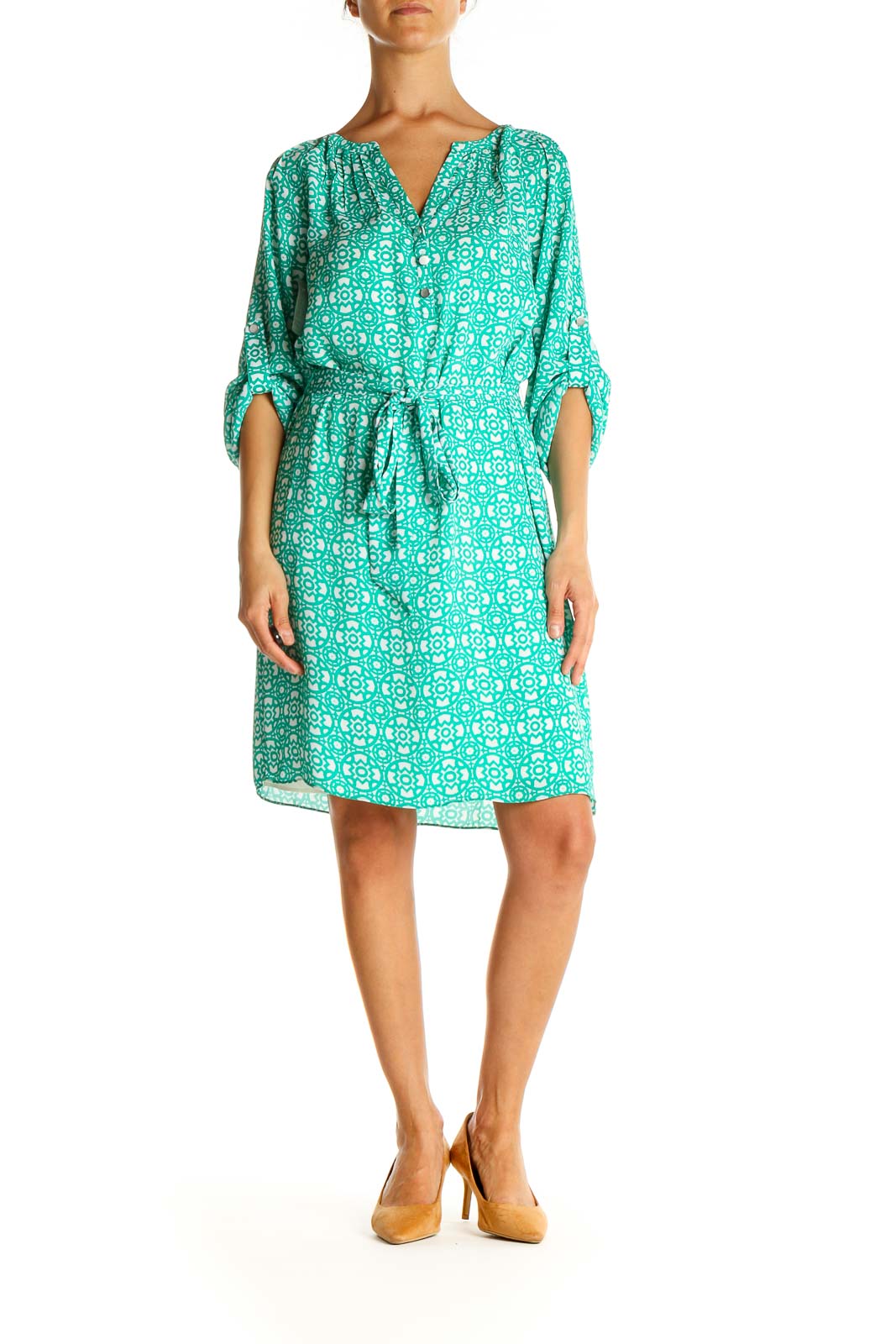 Green Blue Geometric Print Casual Fit & Flare Dress