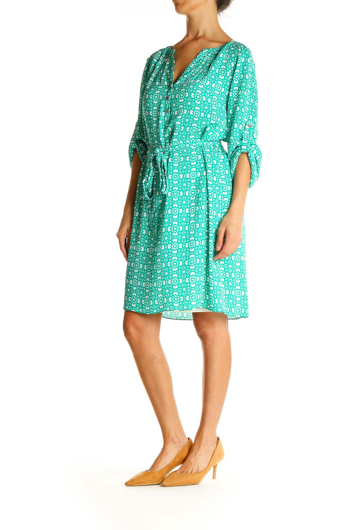 Green Blue Geometric Print Casual Fit & Flare Dress